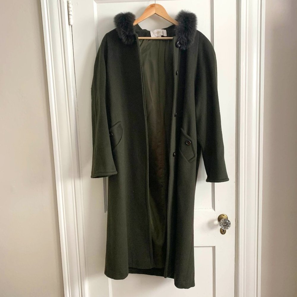 ANDREA FENZI Dark Green Wool Coat with Fox Fur Collar